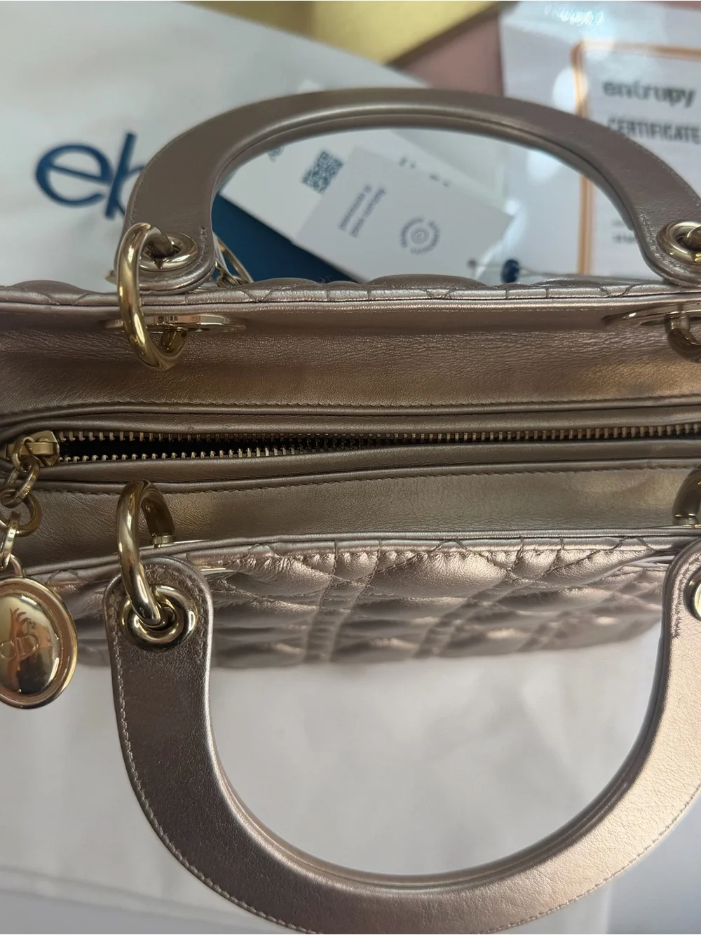 Christian Dior Metallic Lambskin Cannage Medium Lady Dior Bag w/ COA